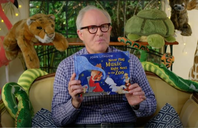 John Lithgow reading a book he wrote, "Never Play Music Right Next to the Zoo"